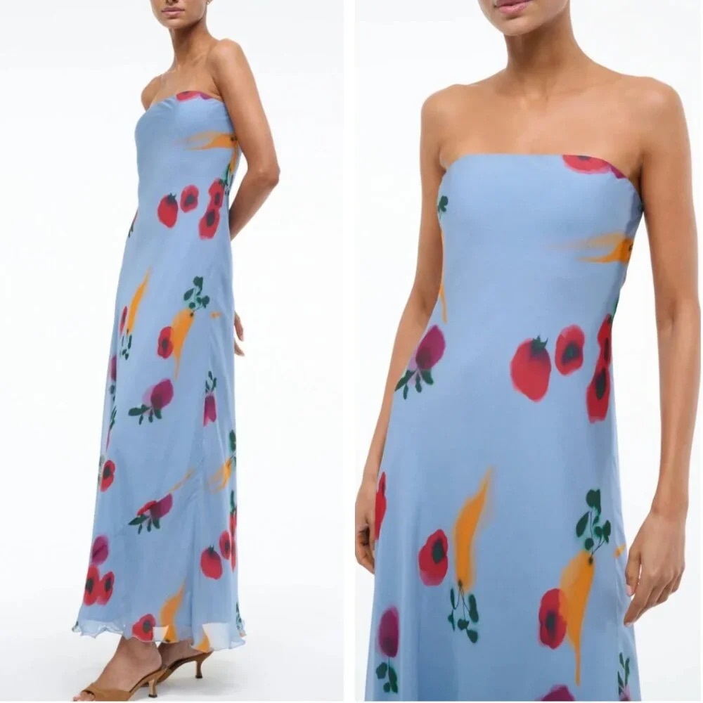 STAUD Cassie Maxi Dress Gown Farmers Market Slate Blue Strapless Cocktail Sz6/8 - Picture 2 of 11